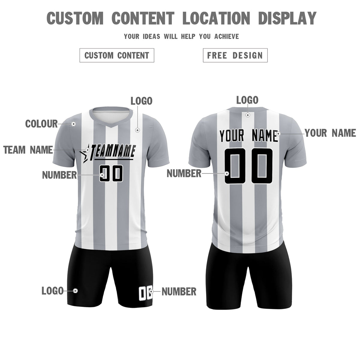 Custom White Gray Vertical Stripes Casual Outdoor Soccer Sets Jersey
