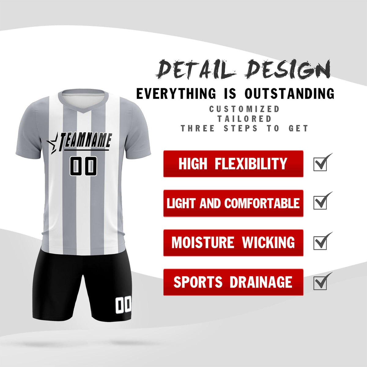 Custom White Gray Vertical Stripes Casual Outdoor Soccer Sets Jersey