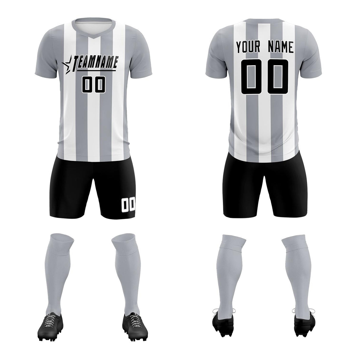 Custom White Gray Vertical Stripes Casual Outdoor Soccer Sets Jersey