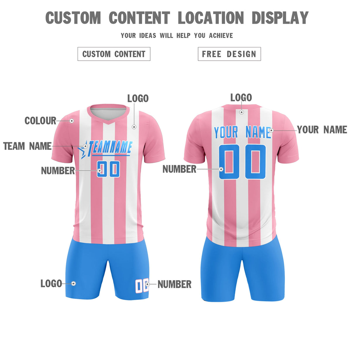 Custom White Light Pink Vertical Stripes Casual Outdoor Soccer Sets Jersey