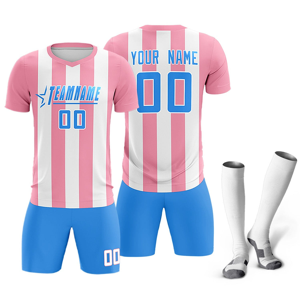 Custom White Light Pink Vertical Stripes Casual Outdoor Soccer Sets Jersey