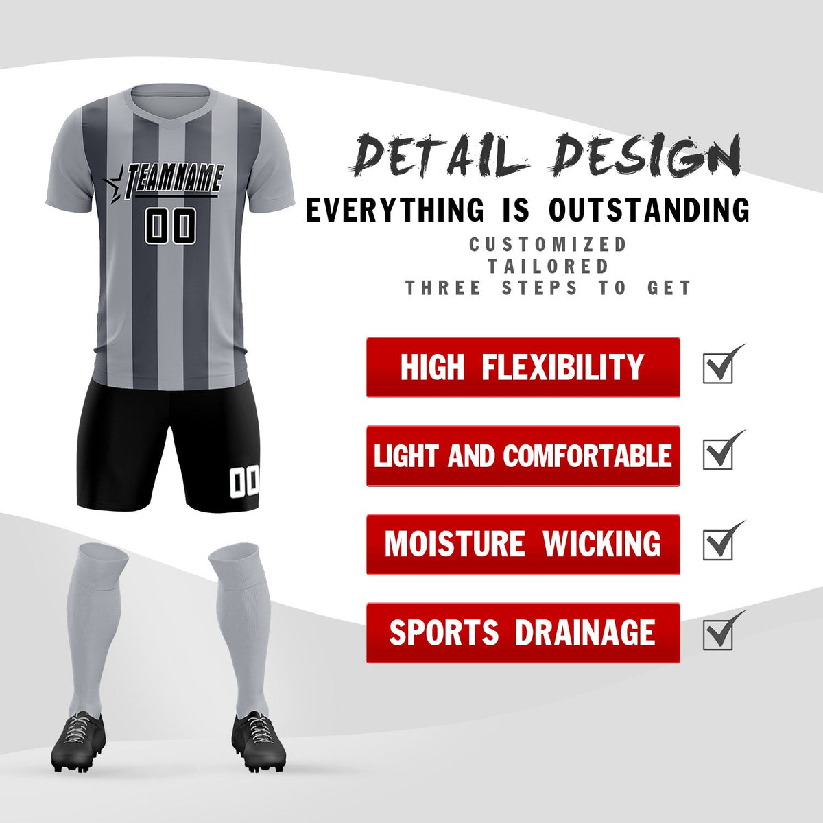 Custom Gray Dark Gray Vertical Stripes Casual Outdoor Football Kits Jersey