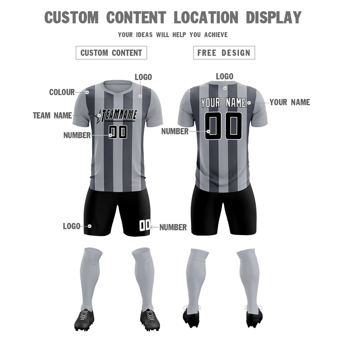 Custom Gray Dark Gray Vertical Stripes Casual Outdoor Football Kits Jersey