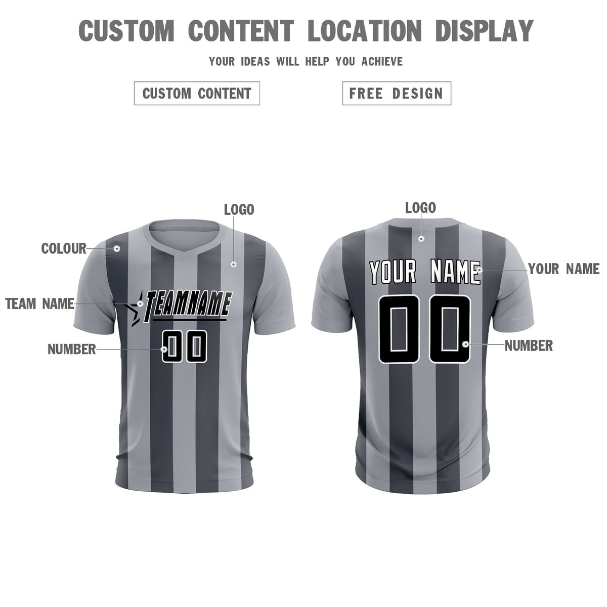 Custom Gray Dark Gray Vertical Stripes Casual Outdoor Soccer Sets Jersey