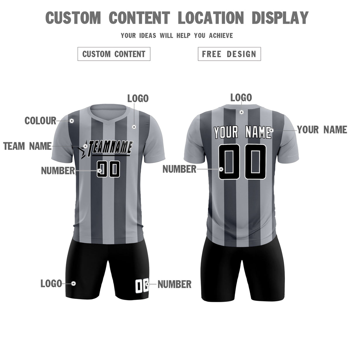Custom Gray Dark Gray Vertical Stripes Casual Outdoor Football Kits Jersey