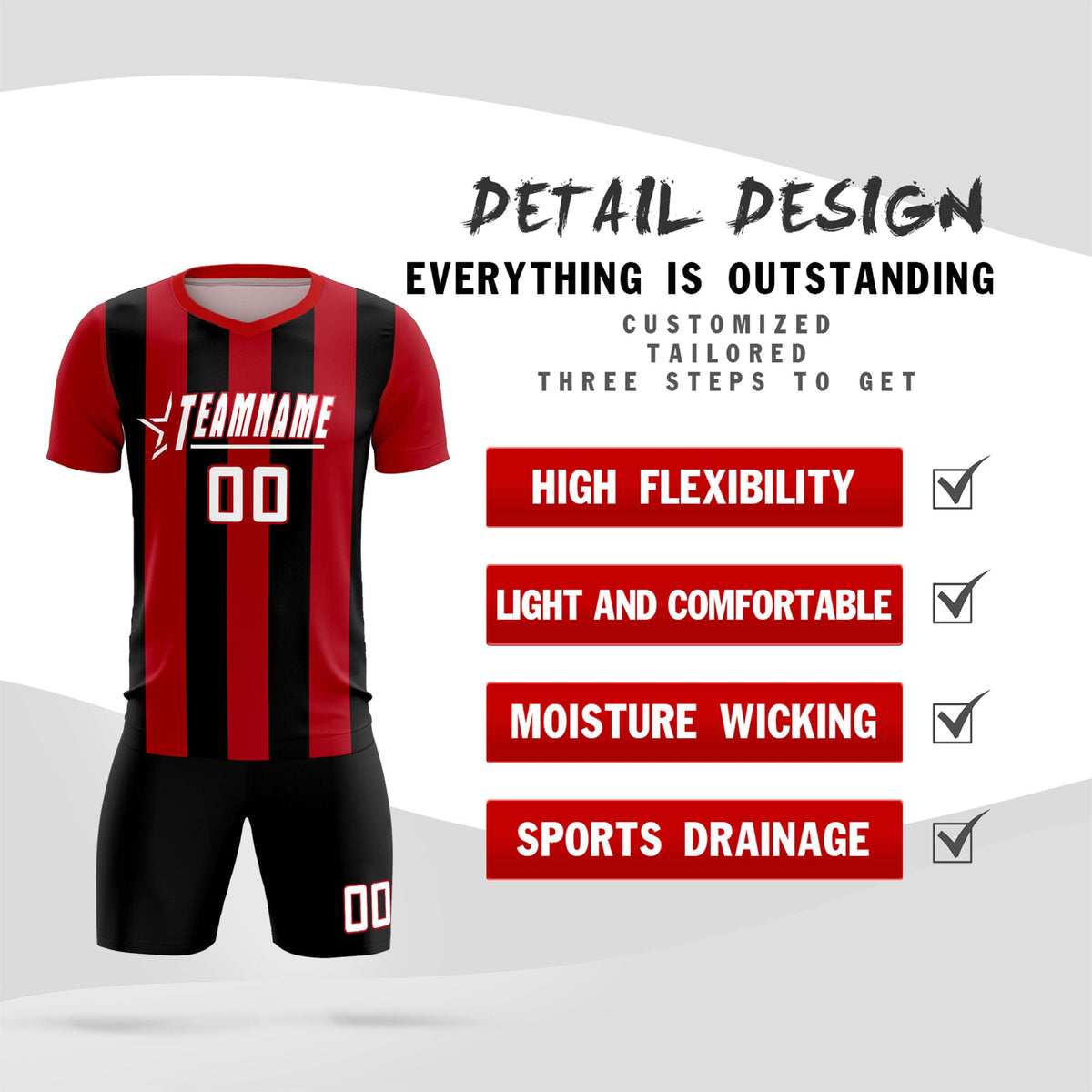 Custom Red Black Vertical Stripes Casual Outdoor Football Kits Jersey