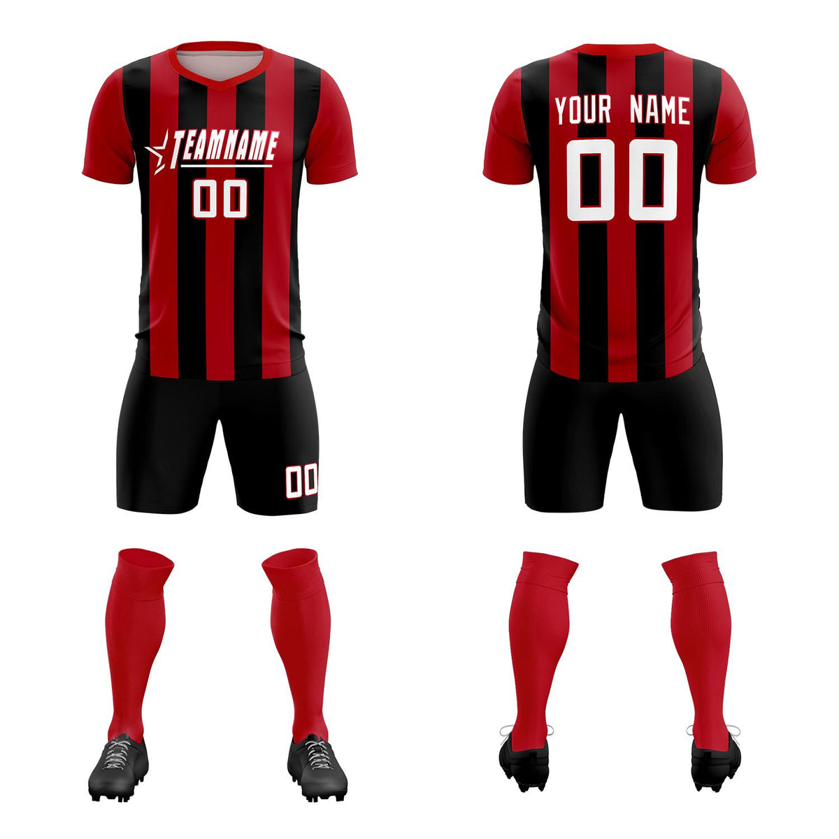 Custom Red Black Vertical Stripes Casual Outdoor Football Kits Jersey