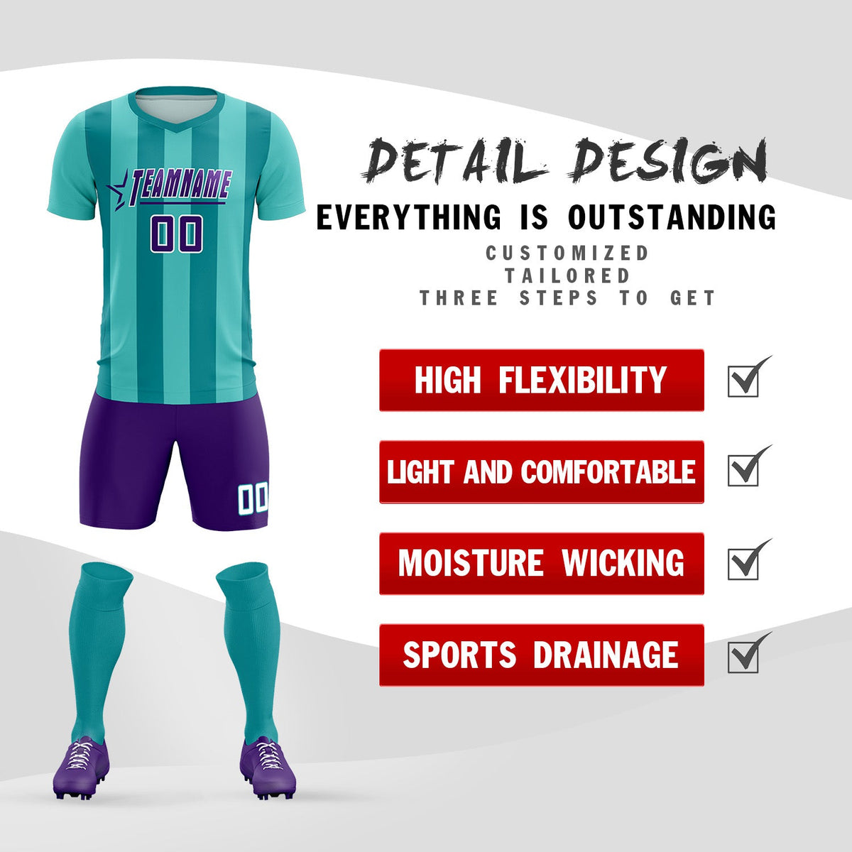 Custom Bright Green Aqua Vertical Stripes Casual Outdoor Soccer Sets Jersey