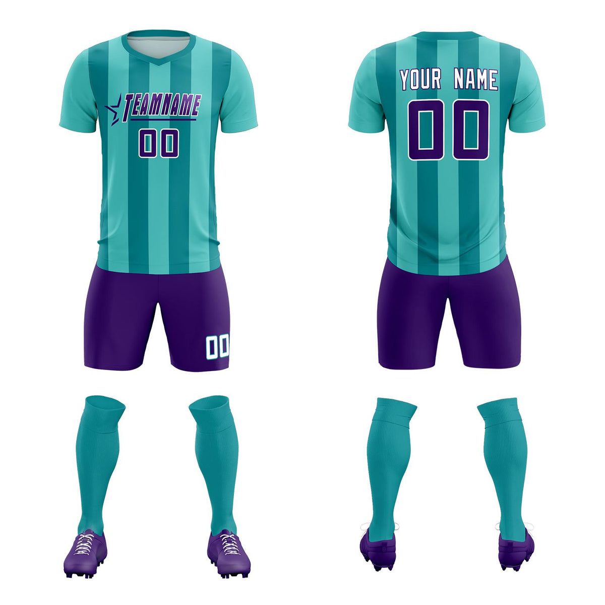 Custom Bright Green Aqua Vertical Stripes Casual Outdoor Soccer Sets Jersey
