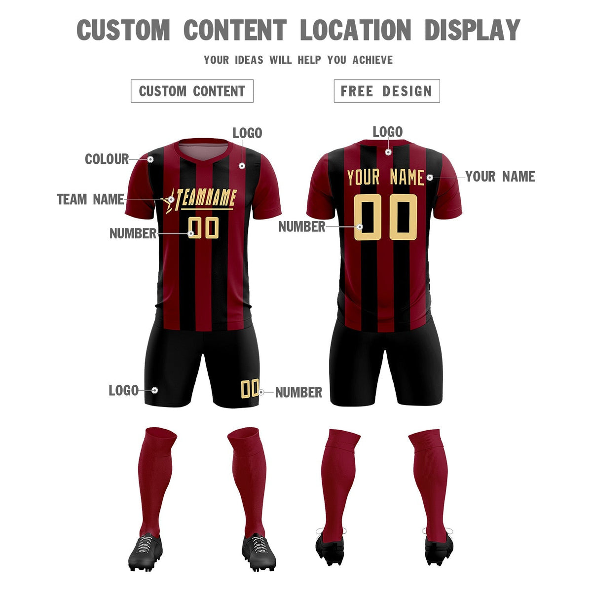 Custom Crimson Black Vertical Stripes Casual Outdoor Football Kits Jersey