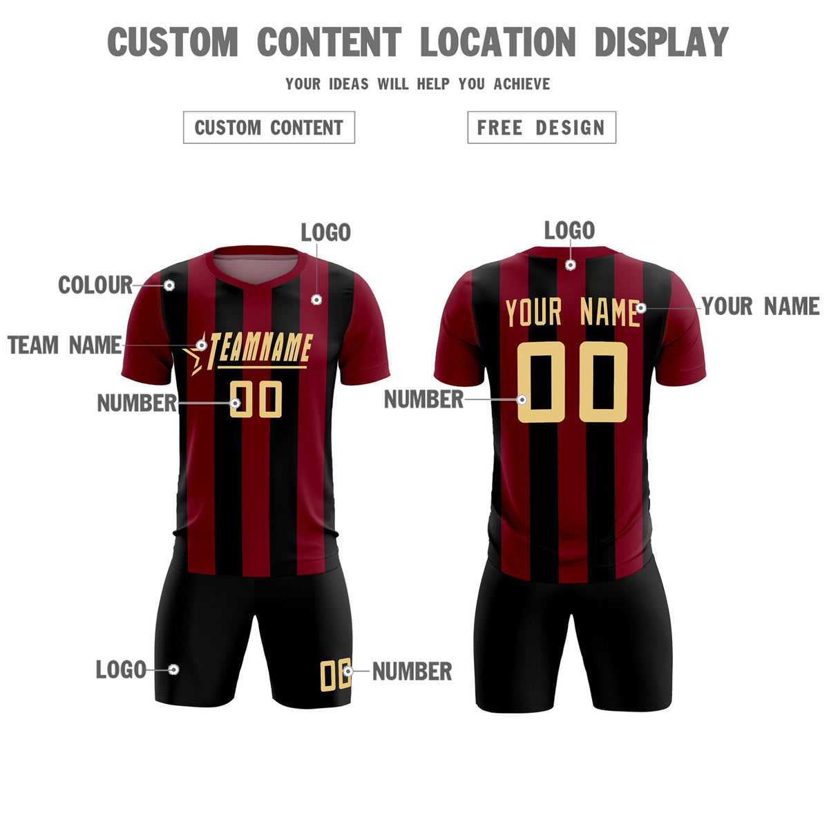 Custom Crimson Black Vertical Stripes Casual Outdoor Football Kits Jersey