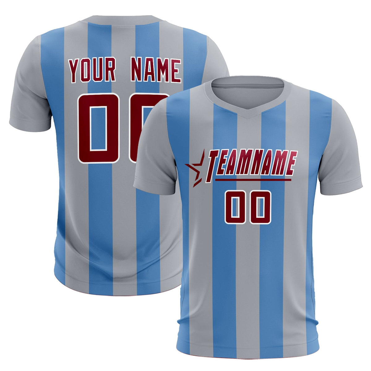 Custom Gray Light Blue Vertical Stripes Casual Outdoor Football Kits Jersey