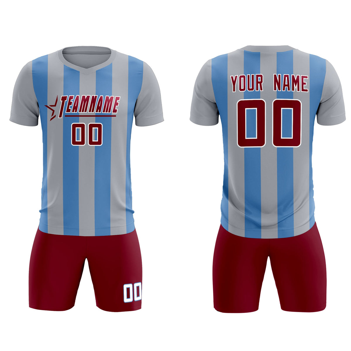 Custom Gray Light Blue Vertical Stripes Casual Outdoor Soccer Sets Jersey