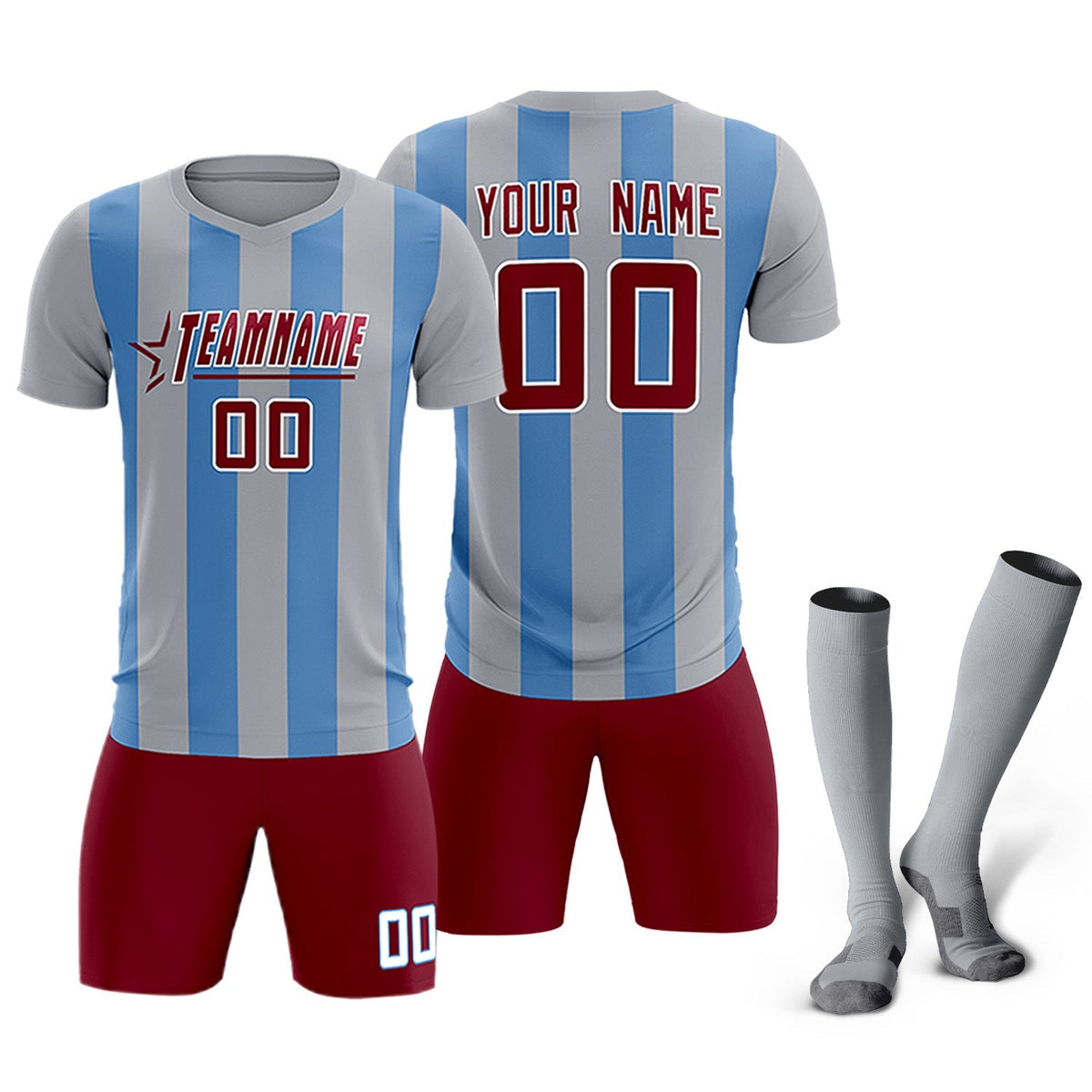 Custom Gray Light Blue Vertical Stripes Casual Outdoor Football Kits Jersey