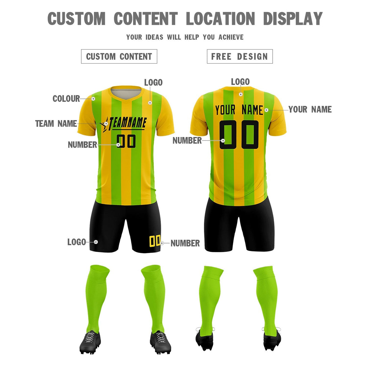 Custom Gold Neon Green Vertical Stripes Casual Outdoor Football Kits Jersey