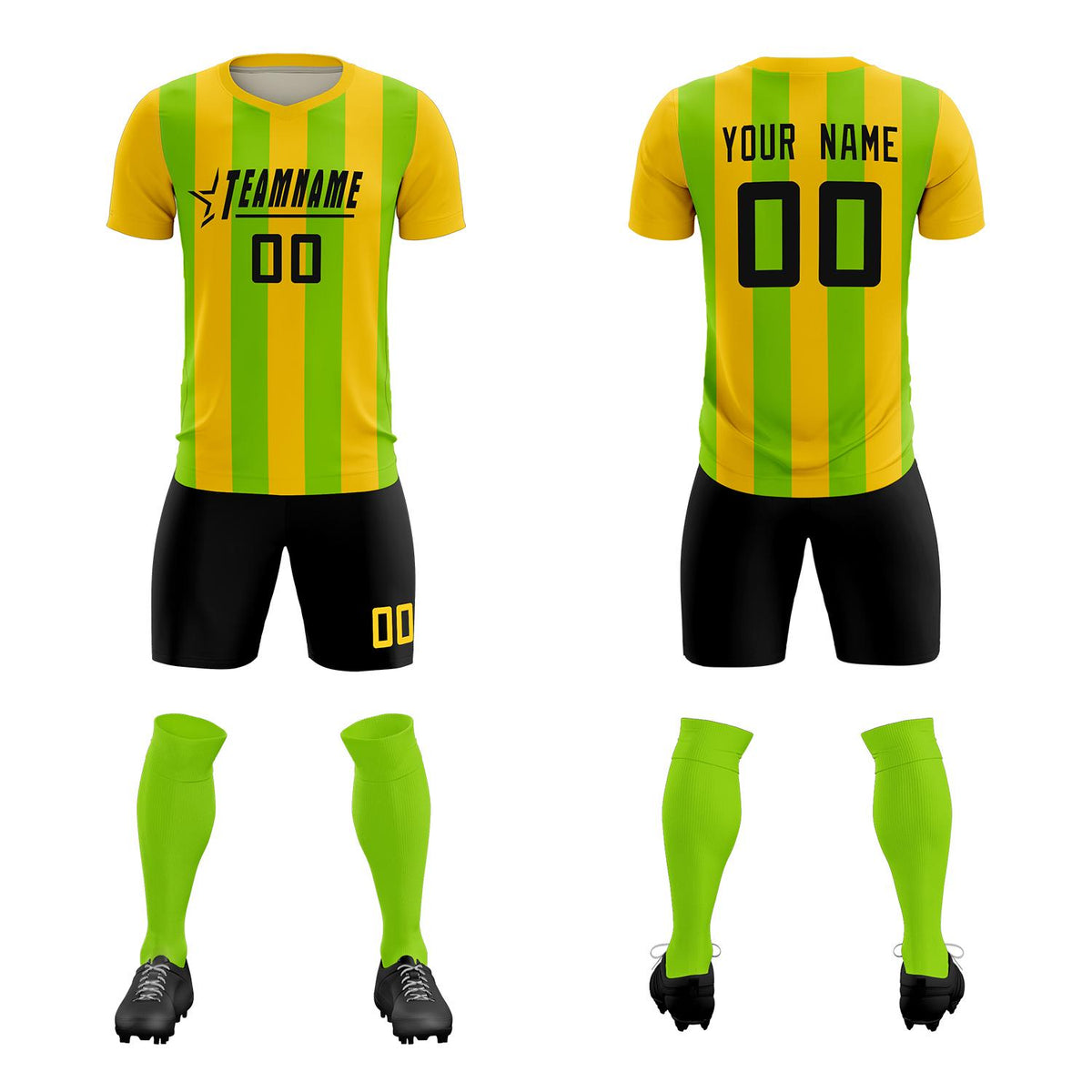 Custom Gold Neon Green Vertical Stripes Casual Outdoor Soccer Sets Jersey