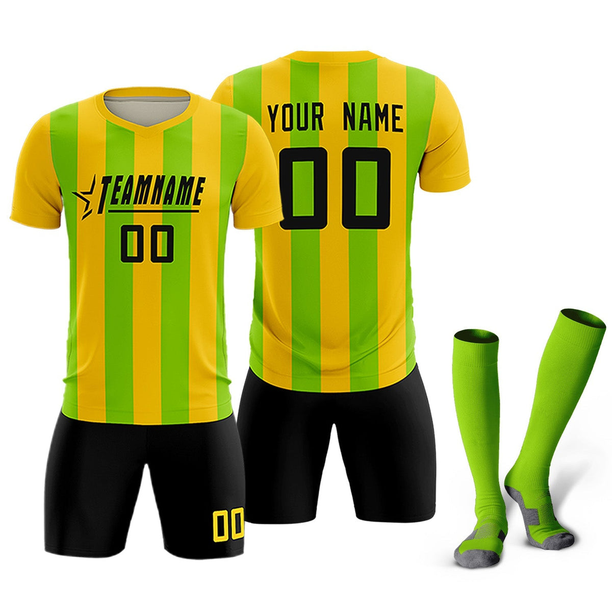 Custom Gold Neon Green Vertical Stripes Casual Outdoor Football Kits Jersey