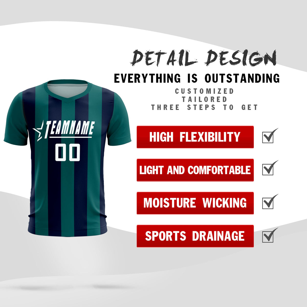Custom Aqua Navy Vertical Stripes Casual Outdoor Football Kits Jersey