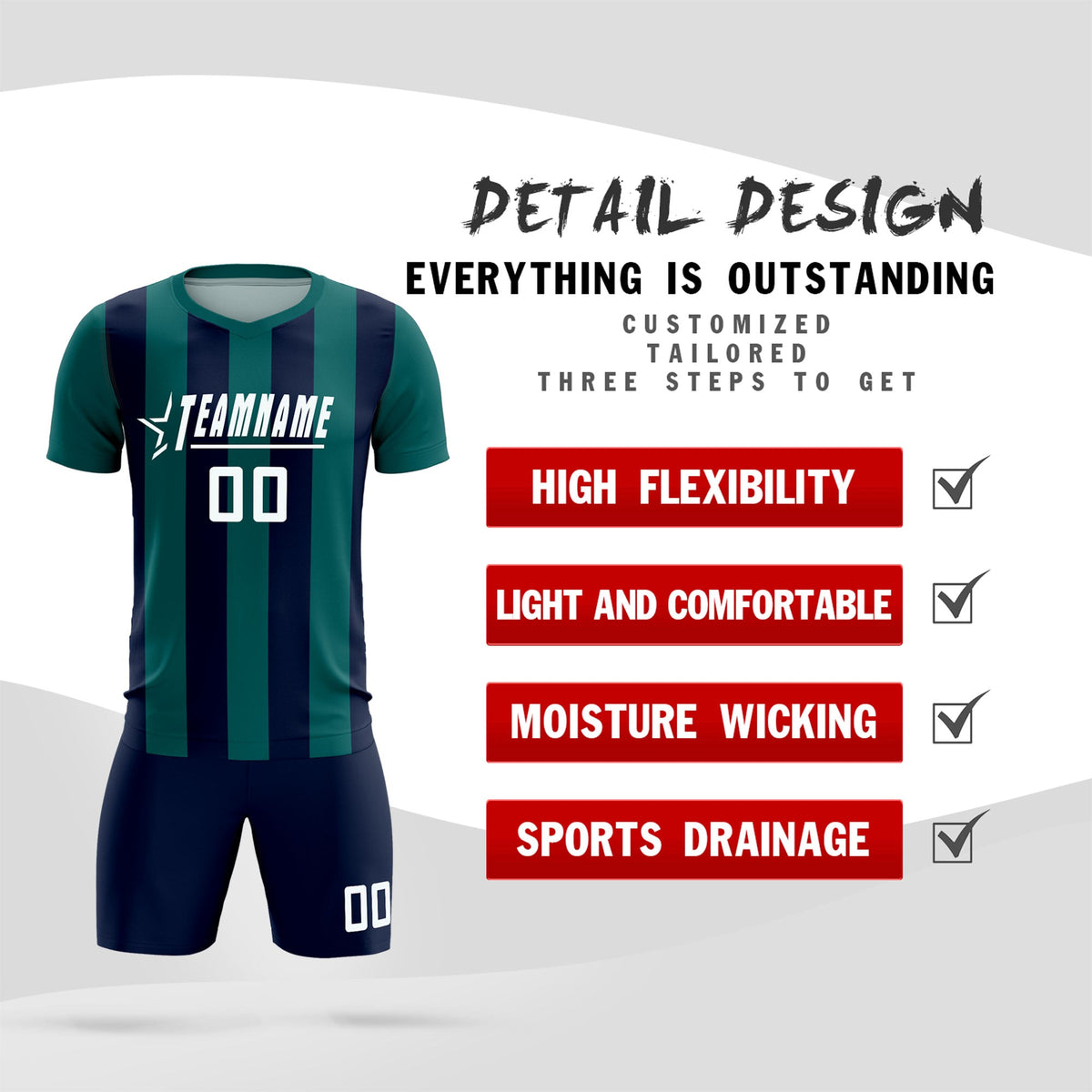 Custom Aqua Navy Vertical Stripes Casual Outdoor Soccer Sets Jersey