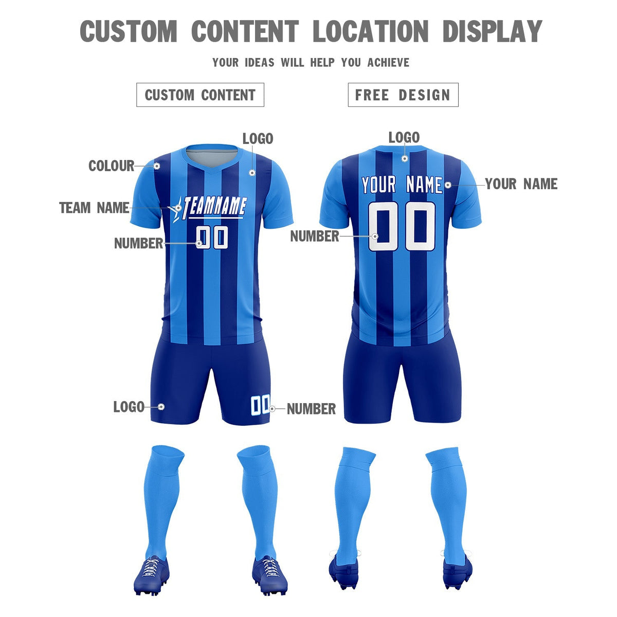 Custom Powder Blue Royal Vertical Stripes Casual Outdoor Football Kits Jersey