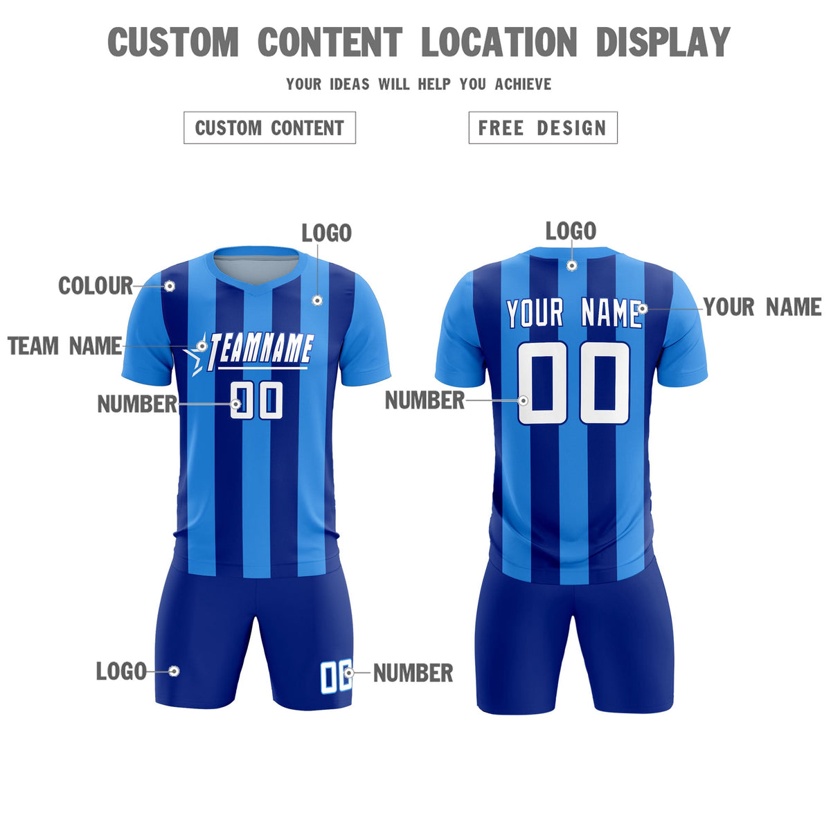 Custom Powder Blue Royal Vertical Stripes Casual Outdoor Football Kits Jersey