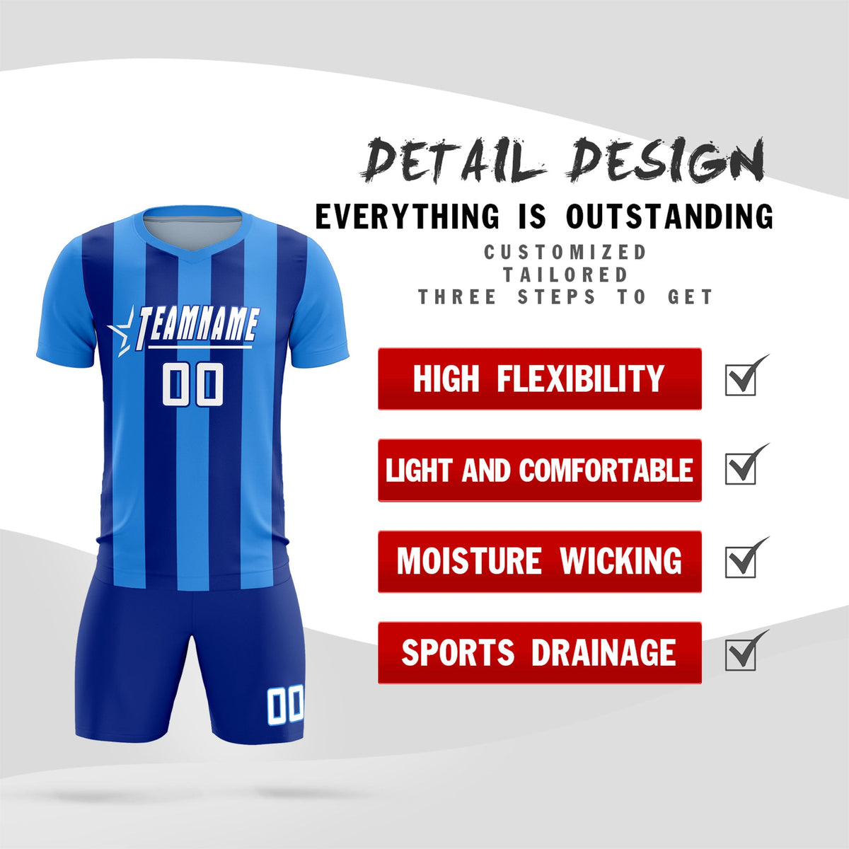 Custom Powder Blue Royal Vertical Stripes Casual Outdoor Football Kits Jersey