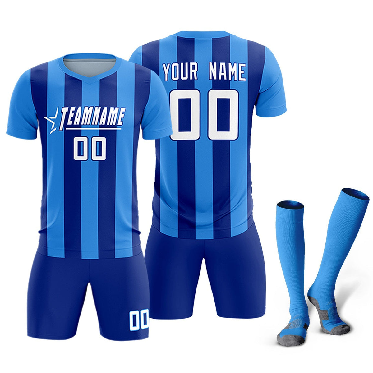 Custom Powder Blue Royal Vertical Stripes Casual Outdoor Football Kits Jersey