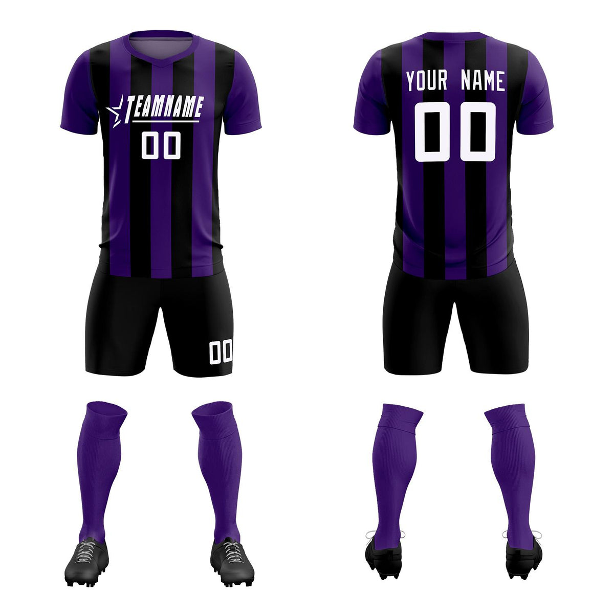 Custom Purple Black Vertical Stripes Casual Outdoor Football Kits Jersey