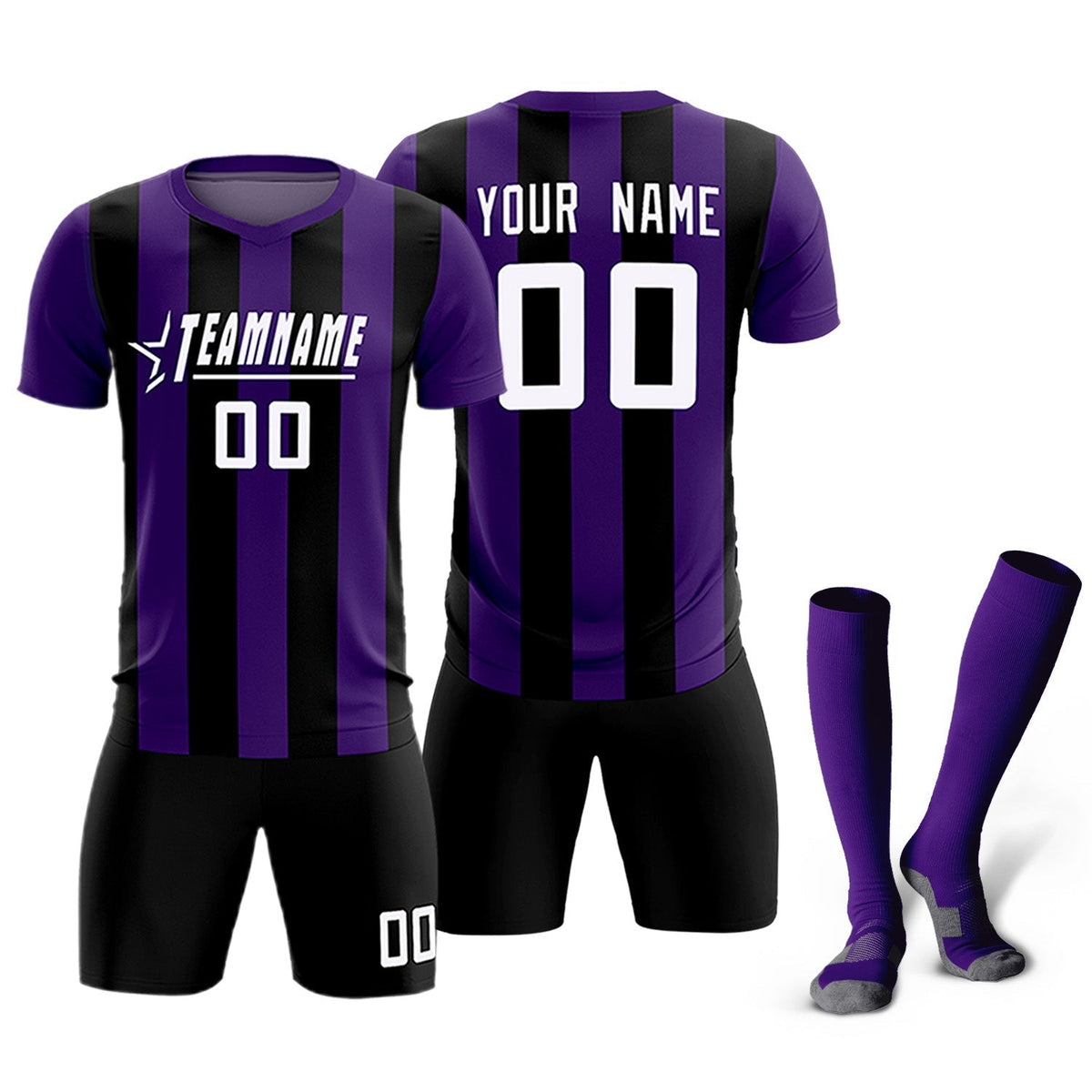 Custom Purple Black Vertical Stripes Casual Outdoor Football Kits Jersey