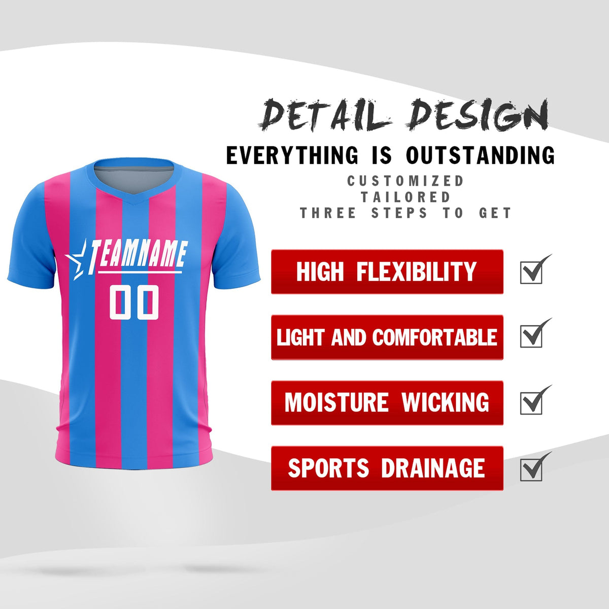 Custom Powder Blue Pink Vertical Stripes Casual Outdoor Soccer Sets Jersey