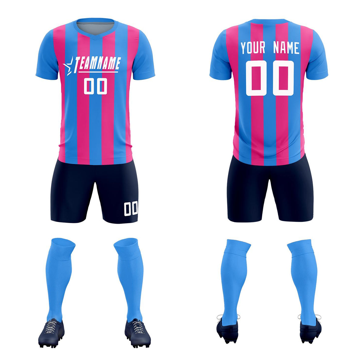 Custom Powder Blue Pink Vertical Stripes Casual Outdoor Soccer Sets Jersey