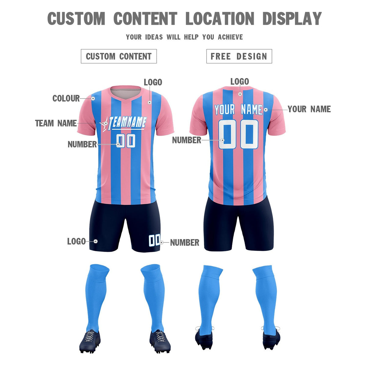 Custom Light Pink Powder Blue Vertical Stripes Casual Outdoor Soccer Sets Jersey