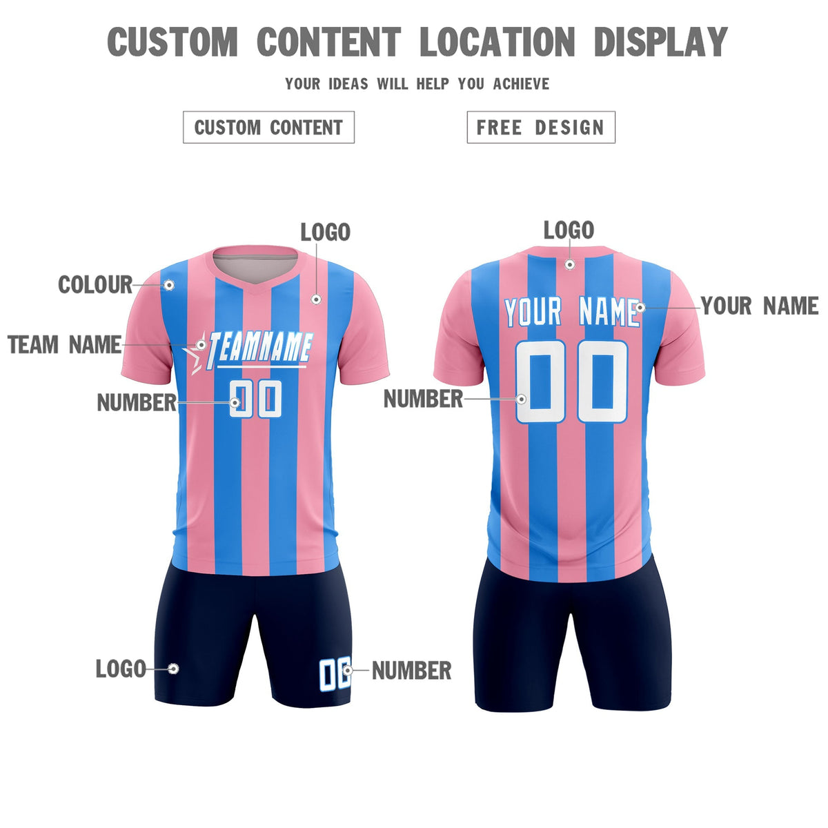 Custom Light Pink Powder Blue Vertical Stripes Casual Outdoor Football Kits Jersey