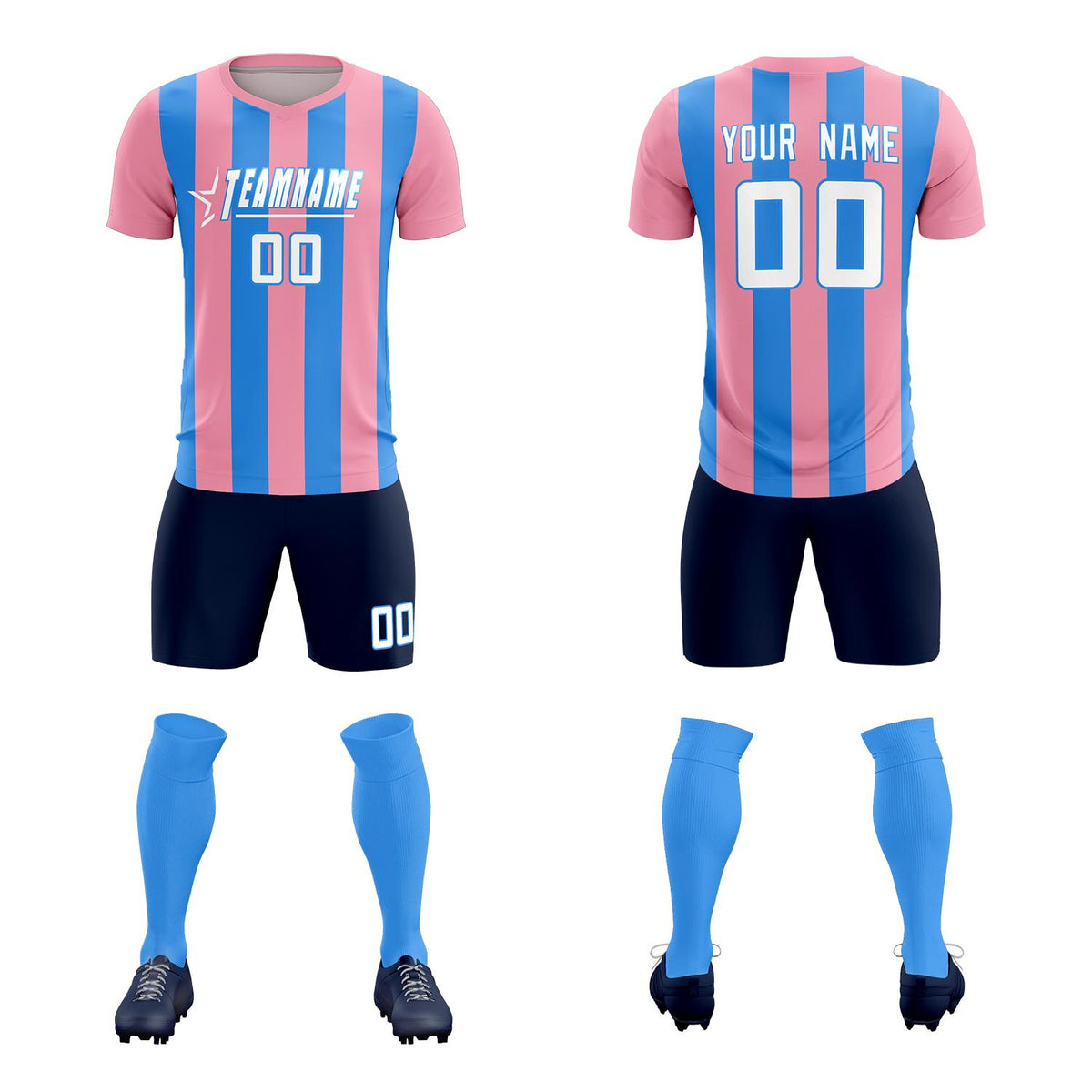 Custom Light Pink Powder Blue Vertical Stripes Casual Outdoor Soccer Sets Jersey