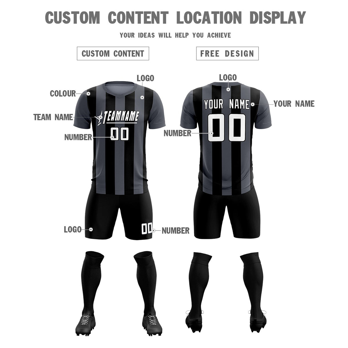 Custom Dark Gray Black Vertical Stripes Casual Outdoor Football Kits Jersey