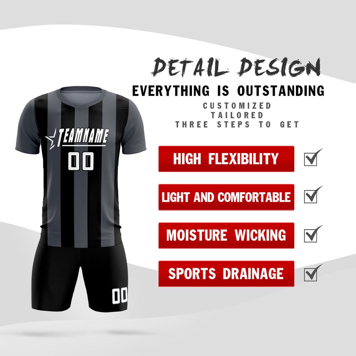 Custom Dark Gray Black Vertical Stripes Casual Outdoor Football Kits Jersey