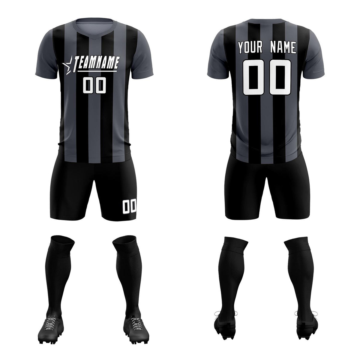Custom Dark Gray Black Vertical Stripes Casual Outdoor Football Kits Jersey