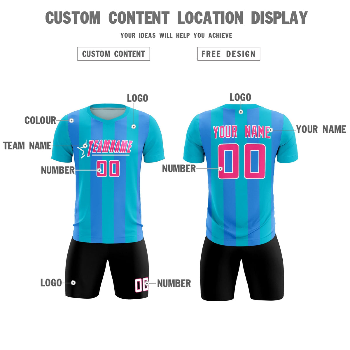 Custom Sky Blue Powder Blue Vertical Stripes Casual Outdoor Soccer Sets Jersey
