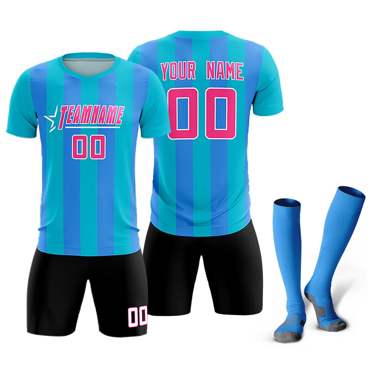 Custom Sky Blue Powder Blue Vertical Stripes Casual Outdoor Football Kits Jersey