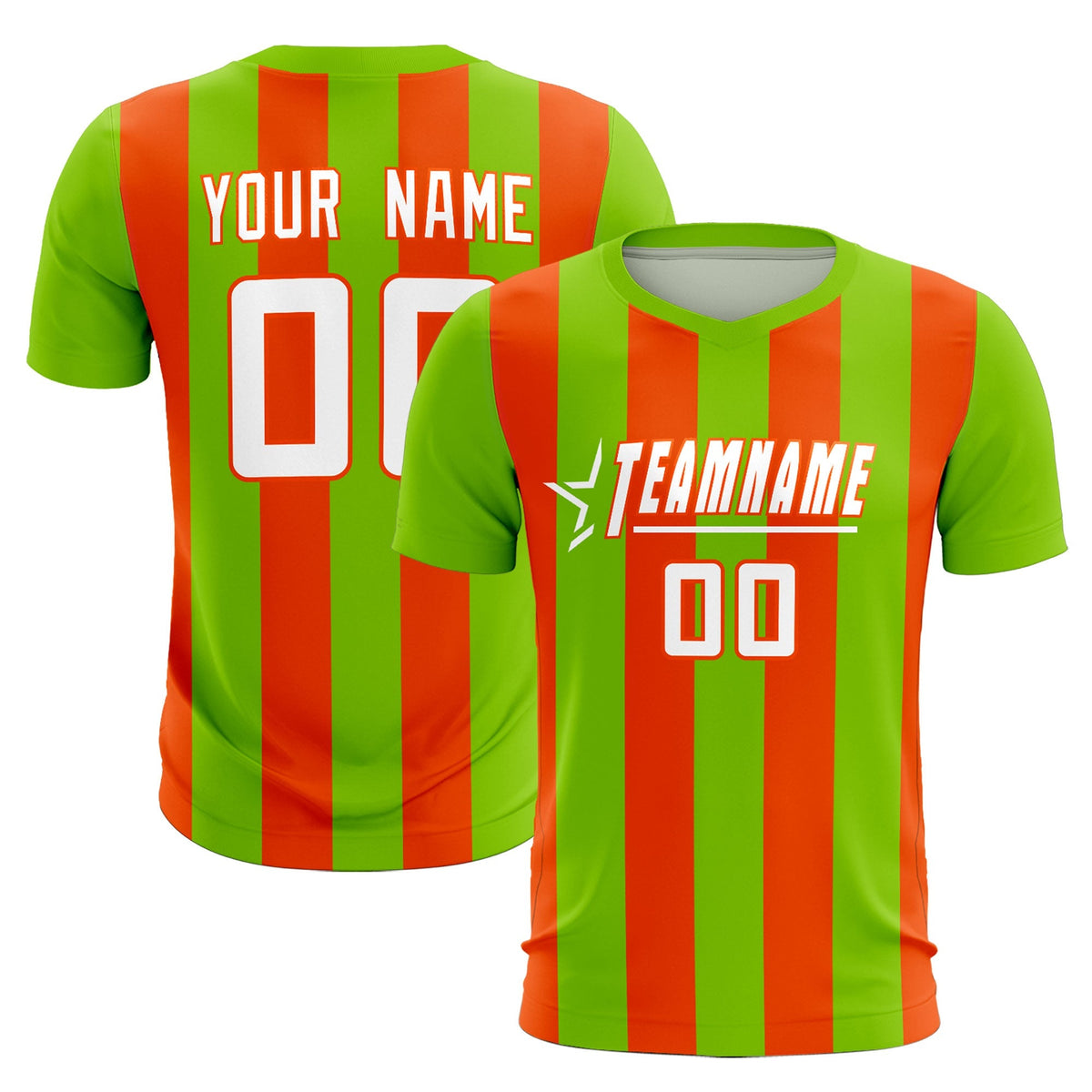 Custom Neon Green Orange Vertical Stripes Casual Outdoor Soccer Sets Jersey