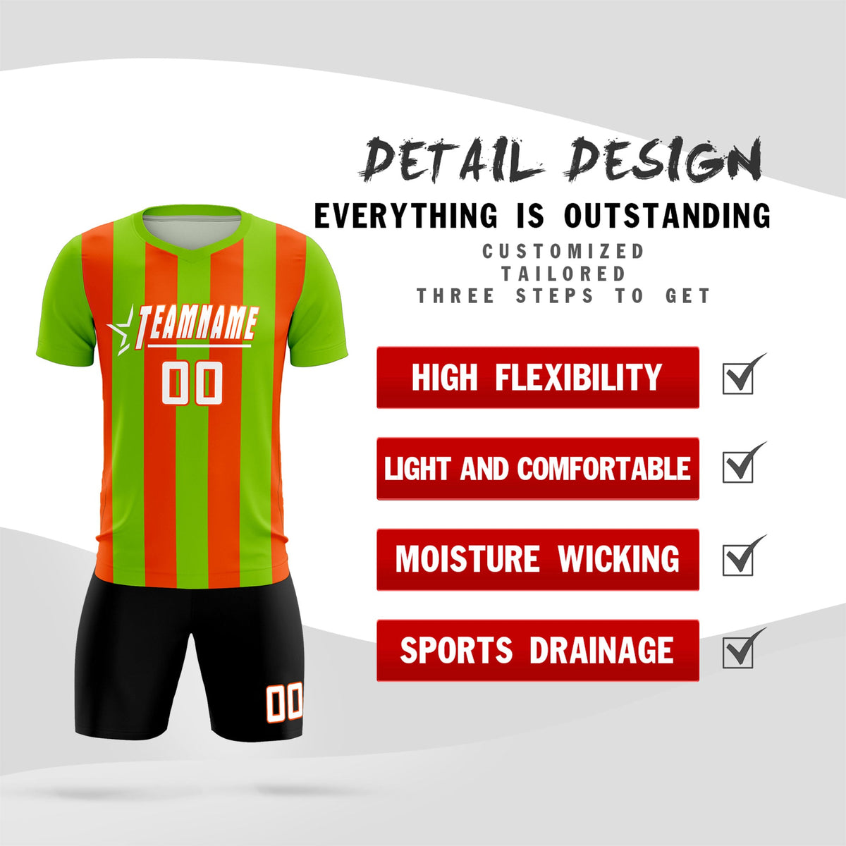 Custom Neon Green Orange Vertical Stripes Casual Outdoor Football Kits Jersey