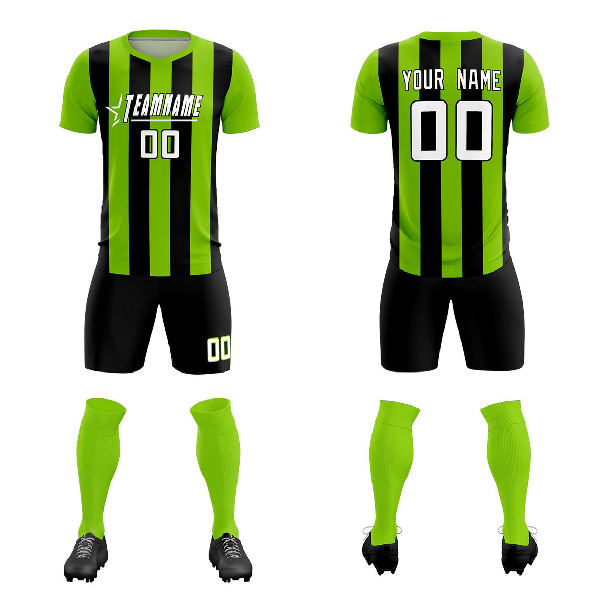 Custom Neon Green Black Vertical Stripes Casual Outdoor Football Kits Jersey