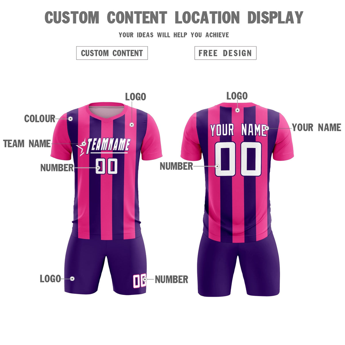 Custom Pink Purple Vertical Stripes Casual Outdoor Football Kits Jersey