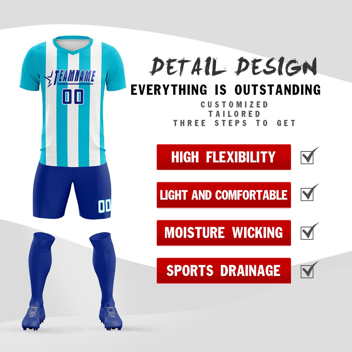 Custom White Sky Blue Vertical Stripes Casual Outdoor Soccer Sets Jersey