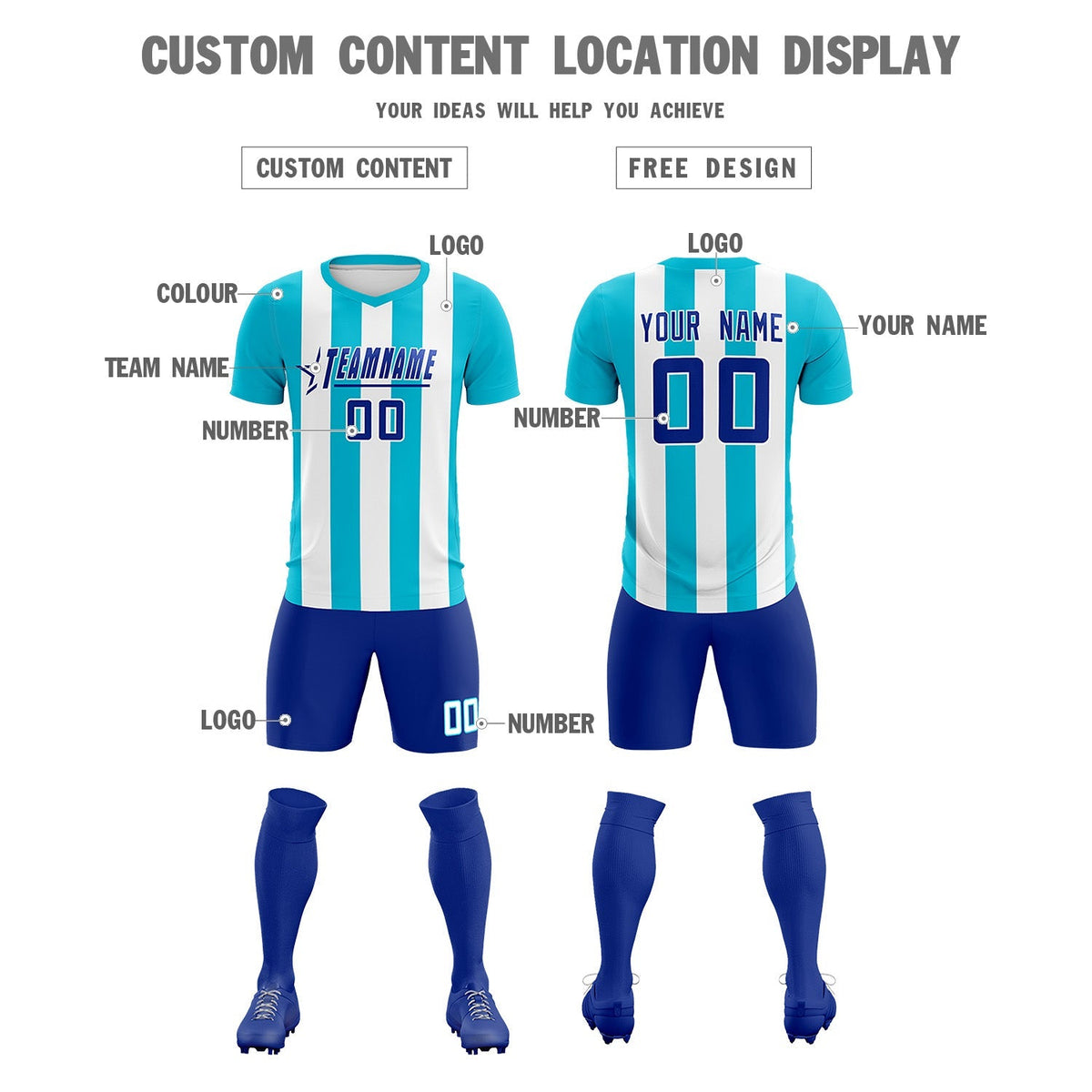 Custom White Sky Blue Vertical Stripes Casual Outdoor Soccer Sets Jersey