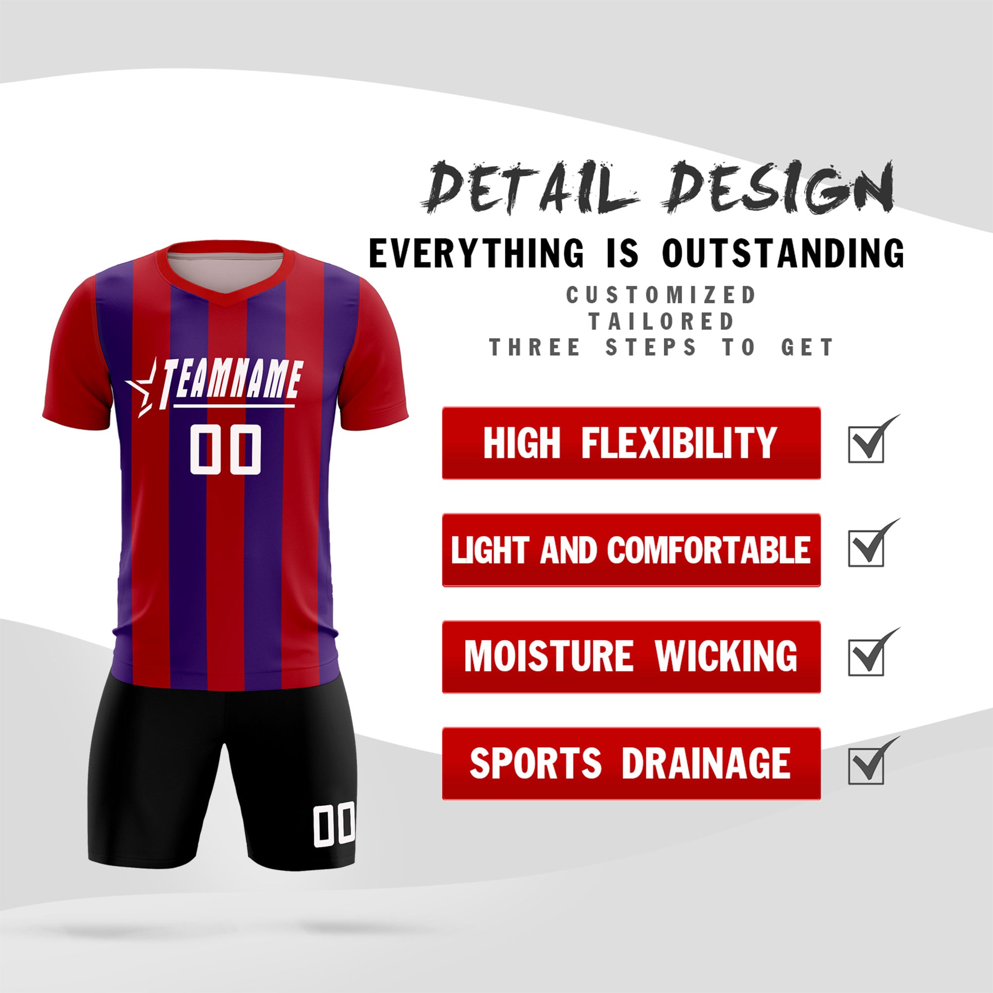 Custom Red Purple Vertical Stripes Casual Outdoor Soccer Sets Jersey