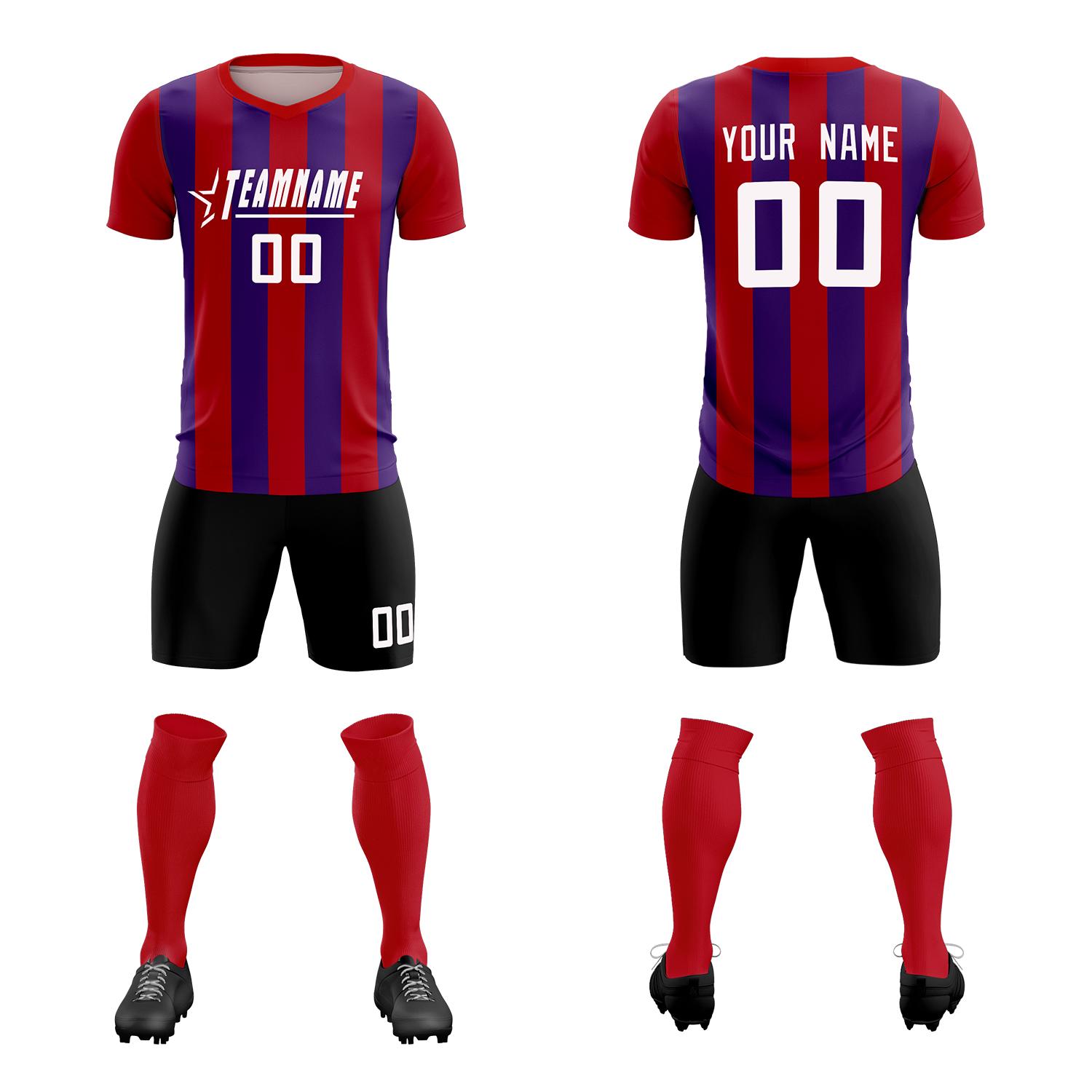 Custom Red Purple Vertical Stripes Casual Outdoor Soccer Sets Jersey