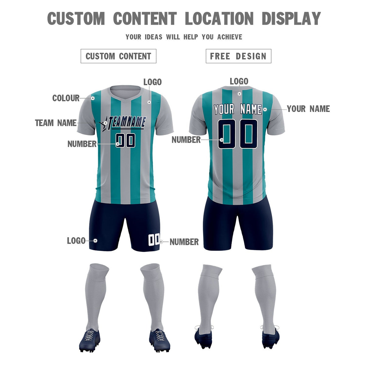 Custom Gray Aqua Vertical Stripes Casual Outdoor Football Kits Jersey