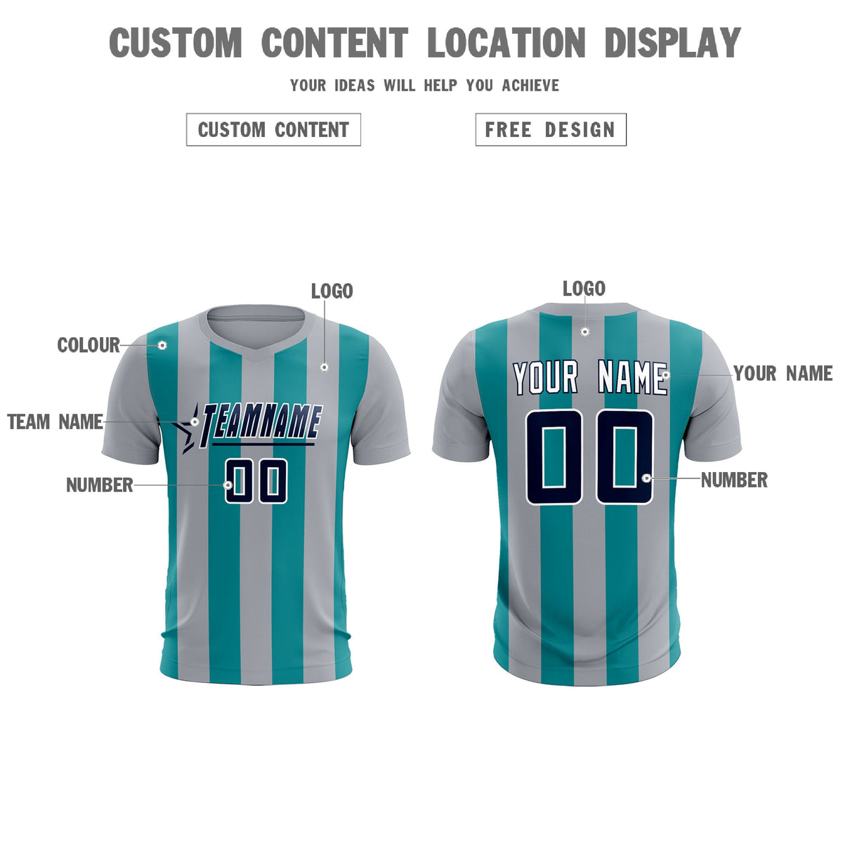 Custom Gray Aqua Vertical Stripes Casual Outdoor Football Kits Jersey