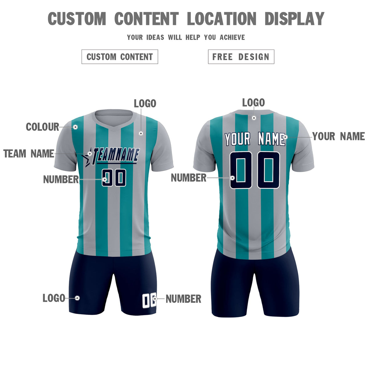 Custom Gray Aqua Vertical Stripes Casual Outdoor Soccer Sets Jersey